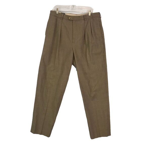 Tommy Hilfiger Mens Tan Small Checked Pleated Front Dress‎ Pants, Slacks 36 x 31 - Picture 1 of 9